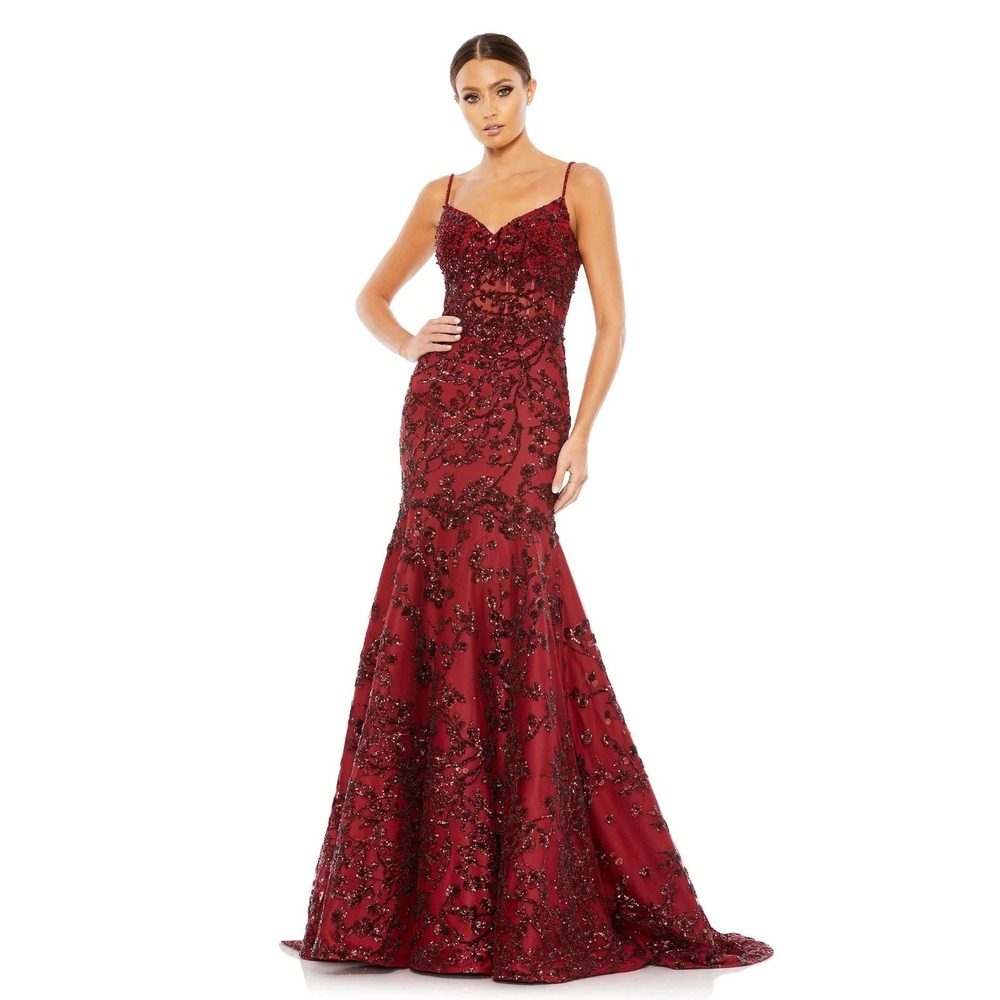 NWT $1198 Mac Duggal [ 6 ] 20199 Sequin Corset Trumpet Gown Burgundy Red J2412‎